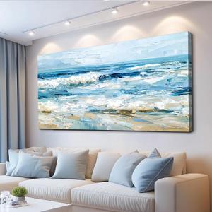 WLWBINTING Large Abstract Canvas Wall Art Beach Pictures Wall Art For Living Room Ocean Painting Wall Decor Canvas Prints Textured Pictures Modern Artwork Bedroom Office Home Decor Ready To Hang, 58"L x 29"W