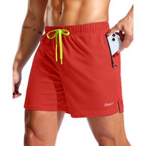 Pudolla Men's Workout Running Shorts with Zipper Pockets 5" Lightweight Quick Dry Athletic Gym Mesh Shorts no Liner(red Medium) (Red, M)