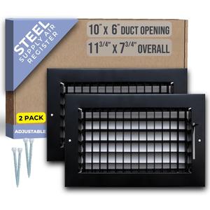 [2 Pack] Fits 10x6 Duct Opening Steel Adjustable Air Supply Grille by Handua | Register Vent Cover Grill for Sidewall and Ceiling | Black | Outer Size: 11.75" X 7.75"
