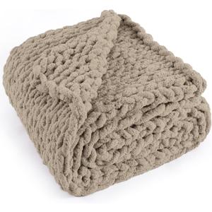 Chunky Knit Throw Blanket 50"X 60", 100% Handmade with Soft Chenille Yarn, 4.4lbs Thick Cable Knitted Blankets, Large Rope Knot Crochet Throws for Couch Sofa Bed Home Decor, Taupe