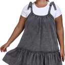 Women Denim Cami Dress Tie Shoulder Ruffle Hem Short Dresses Babydoll Wash Jean Sundress with Pocket, Gray, Small