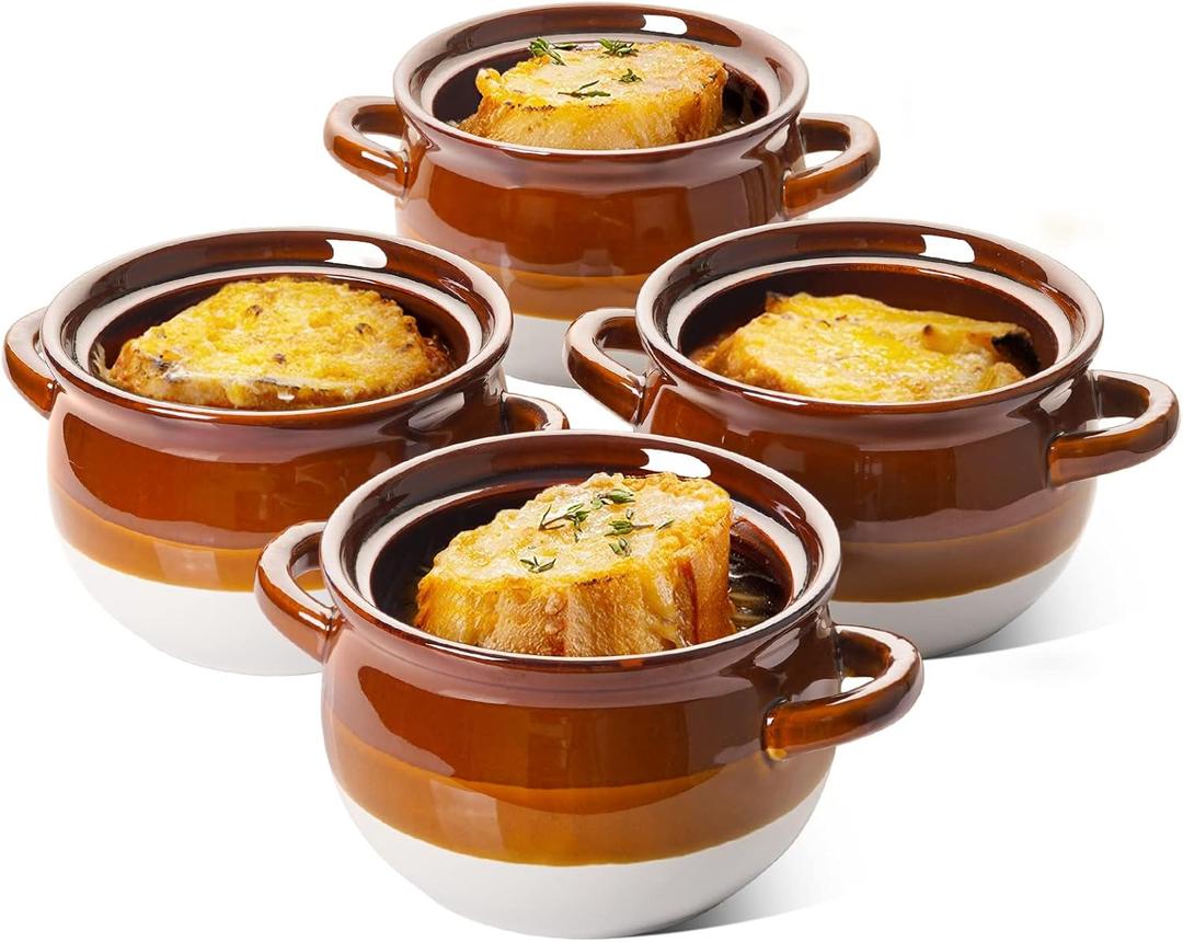 LE TAUCI French Onion Soup Bowls with Handles, 22 Ounce Ceramic French Onion Soup Crocks Oven Safe Serving Bowls for Soup, Chili, Beef Stew, Cereal, Pot Pies, Set of 4