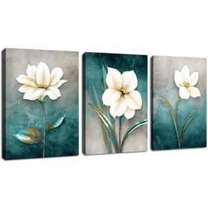 Cream White Floral Canvas Wall Art Grey Pictures, 16"x24"x3 Pieces
