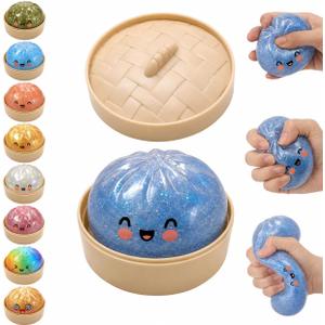 hepanio Glitter Dumpling Squishy,Dumpling Squishies,Glitter Dumpling Mystery Box,Colorful Dumpling Stress Balls Fidget,Jumbo Squishy Toy with Steamer Box,Soft Squeeze Decompression Dough (Blue)