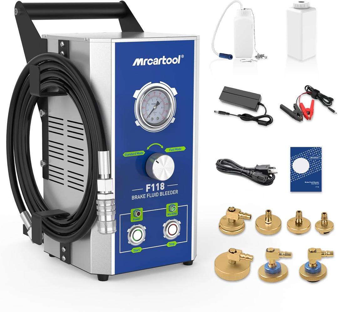 MR CARTOOL F118 Electric Brake Bleeder Kit, 110V Automotive Brake Fluid Oil Exchanger Machine with 7 Master Cylinder Adapters for All Vehicles