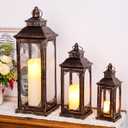 TRIROCKS Set of 3 Vintage Candle Lanterns 10/14/19.5''H Decorative Outdoor Lantern Metal Candle Holder with Tempered Glass for Home Living Room Garden Yard Event Indoor Outdoor (Black with Gold Brush)