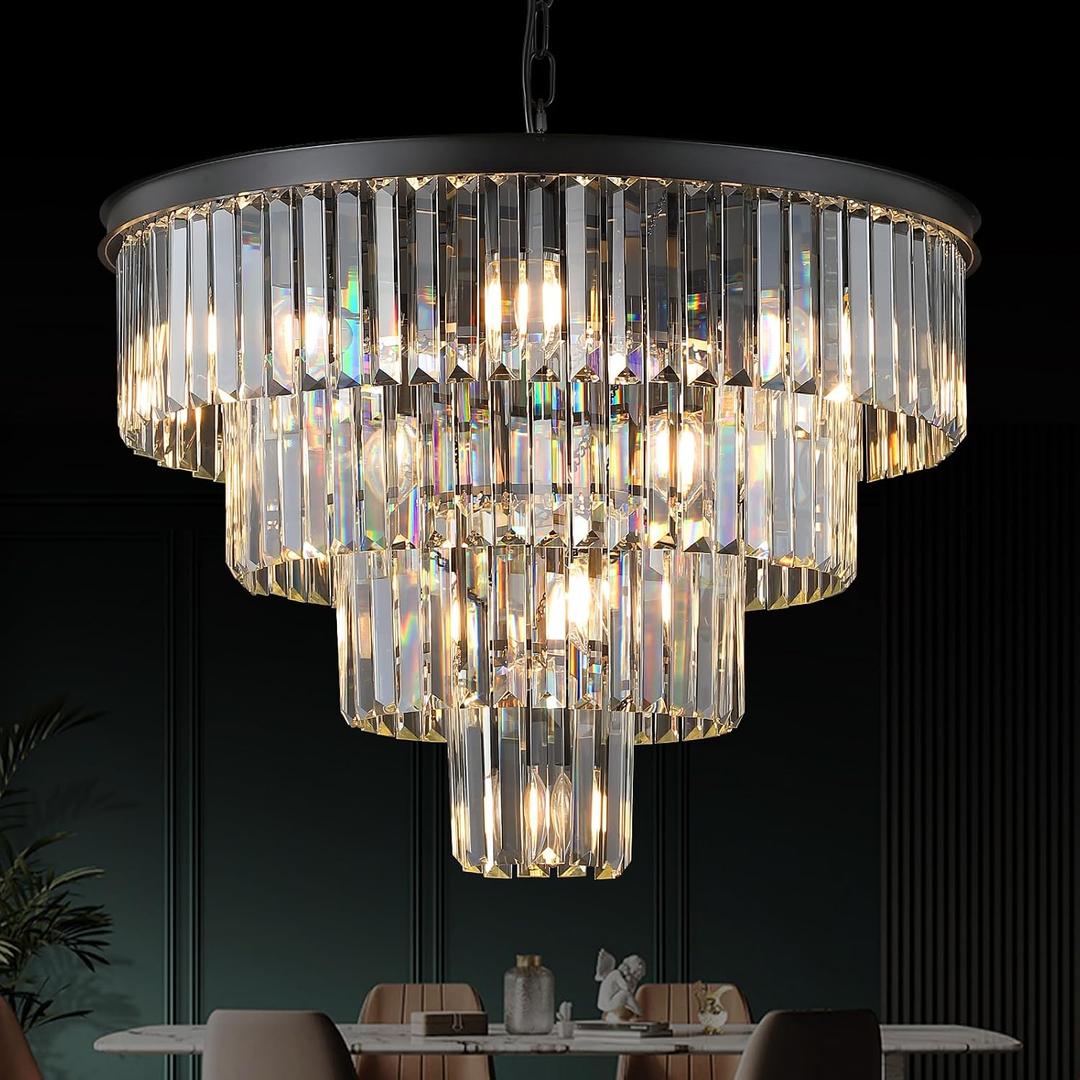 Black Crystal Chandeliers 12 Lights Luxury 24" Round Chandelier 4-Tier Modern Ceiling Pendant Light Fixture K9 Crystal Lighting for Living Room Dining Room Staircase Foyer, Medium-24