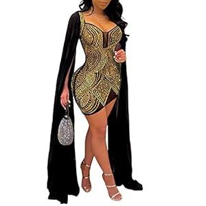 Women’s Mesh See Through Bodycon Party Midi Cloak Long Sleeve Cape Club Night Out Dress(K2203-Gold-2XL)