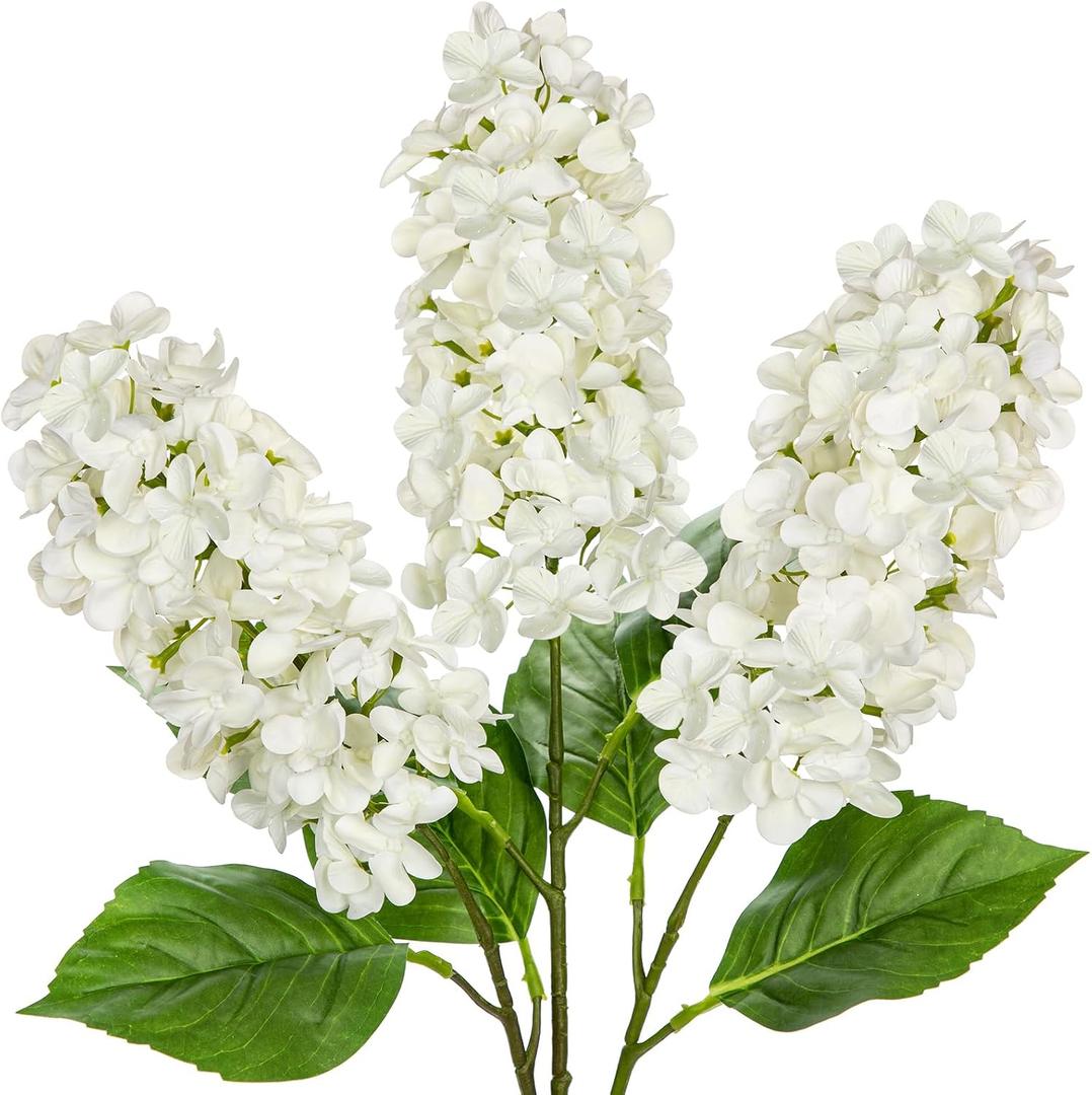 Artificial Hydrangea Flowers Real Touch 3PCS 24.8" Faux Cone Hydrangea Stems for Tall Vases, Home Dcor, Wedding Centerpieces, Floral Arrangements Pure White
