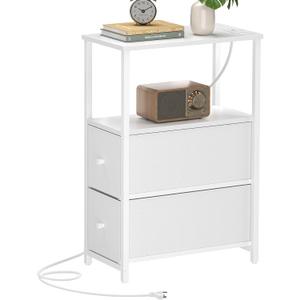 TUTOTAK Small Narrow End Table with Charging Station, Side Table with Outlets, Nightstand with 2 Cloth Drawers, Couch Table, for Living Room, Bedroom, Bedside, White TB01BW085