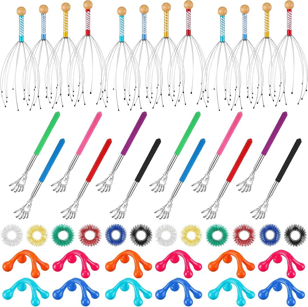 Geiserailie 48 Pack Massage Gifts, Head Scratcher Scalp Massagers, Extendable Back Scratchers, Four Point Massage Tools, Finger Massager Rings for Grandparents Teacher Father Mother Men Women Gifts