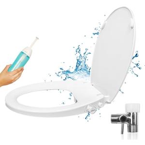 GenieBidet Left Side Bidet Toilet Seat Elongated - Dual Nozzles with T adapter & Bottle - Adjustable Water Pressure & Slow Close Bidet Seat Elongated with No Wiring & Easy Installation