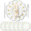 Qinyoung 6 Pieces Lemon Placemats 13.8 Inch Scalloped Embroidery placemats Fabric Linen Cotton mats Set Round Decorative Dining Table Mats for Wedding Birthday Bridal Party Decor
