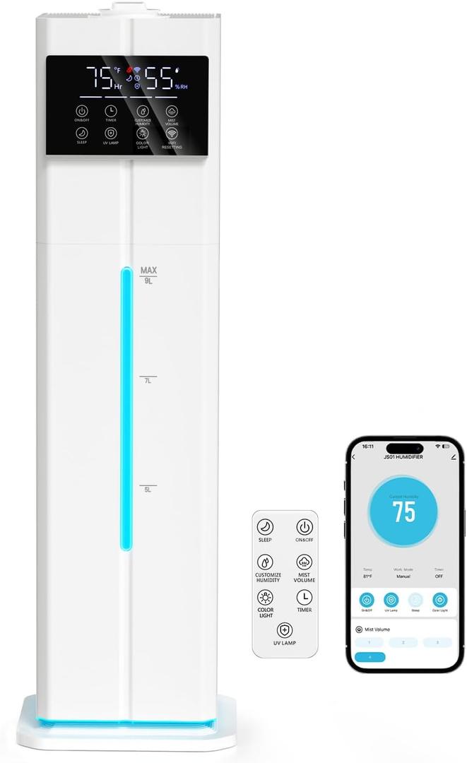 9L/2.4Gal Smart Cool Mist Humidifier, Top Fill Quiet Humidifier Large Room, Covers 550ft, App & Remote Control, 60H Runtime, 7 Colors Light, 4 Mist Modes Humidifiers for Bedroom, Office, White