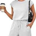 ANRABESS Rompers for Women Summer 2025 Casual Cap Sleeve Crewneck Drawstring One Piece Jumpsuit Outfits with Pockets (Medium, Light Grey)
