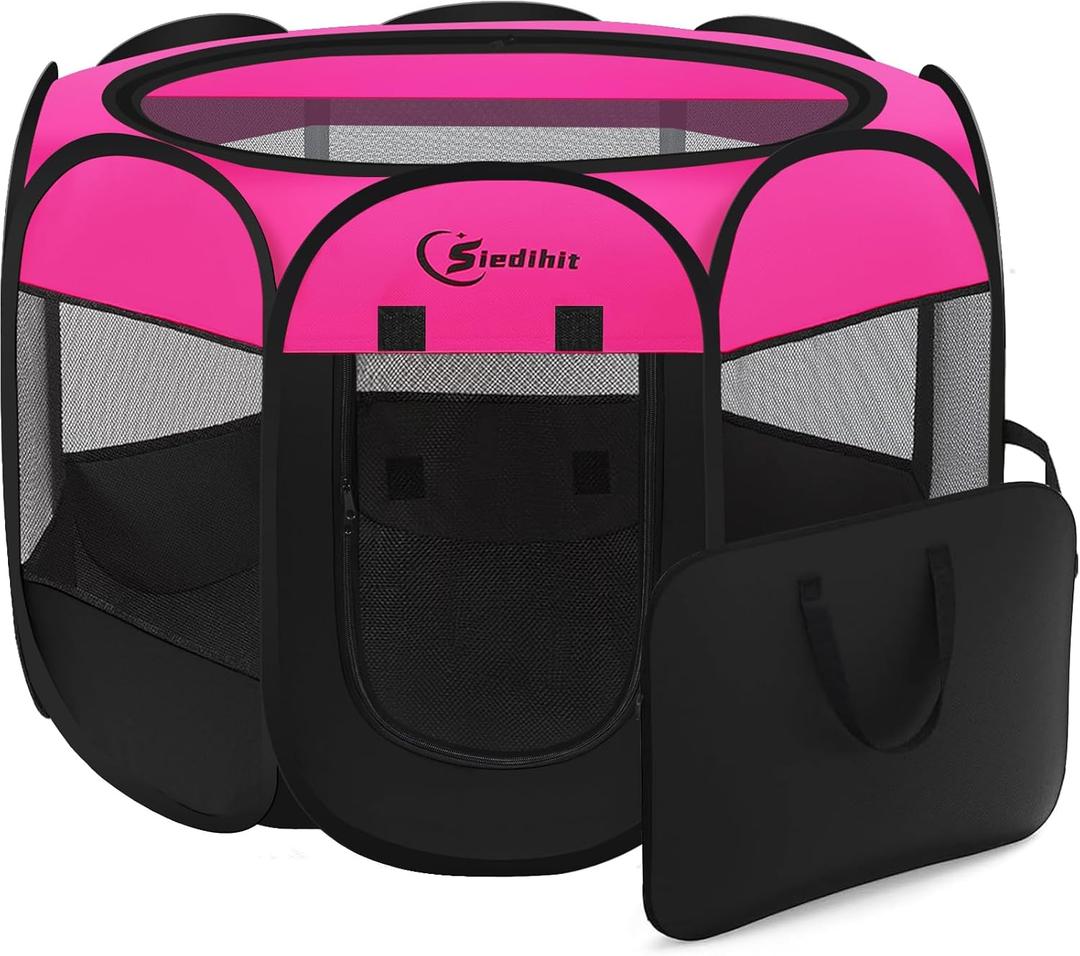 Siedihit Dog Playpen, Medium Puppy Pet Playpen, Dog Crate Tent Cage Indoor/Outdoor, Portable Pop Up Dogs Kennel Playpen with Carrying Case for Dogs/Cats/Rabbits, Hot Pink (Rose)