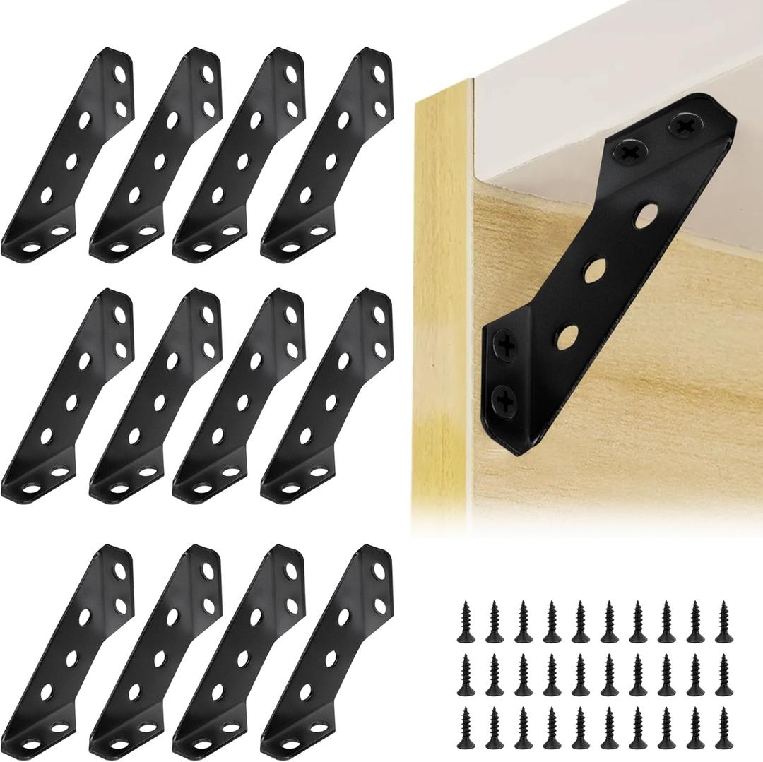 24 Pcs Black Universal Stainless Steel Furniture Corner Connector With 168 Screws, Trapeziform Brackets, Angle Brace for Wood Shelves, Chair Drawer Cabinet Tables
