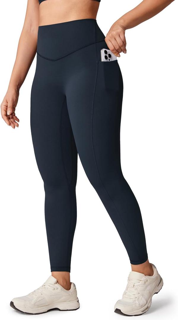 Hugcurve No Front Seam High Waisted Workout Leggings with Pockets for Women Buttery Soft Yoga Pants Gym Tights - 25'' (Medium, Twilight Blue)