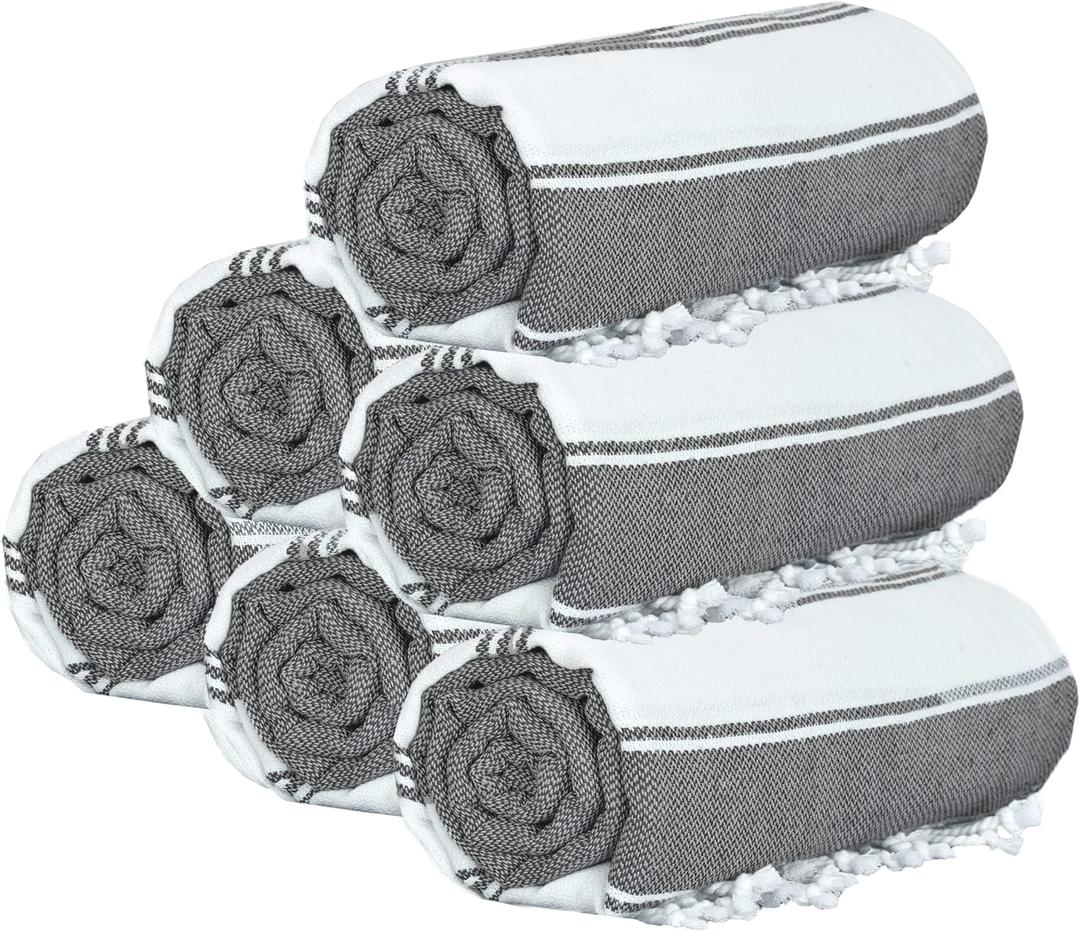 GLAMBURG Peshtemal Turkish Towel Cotton Beach Towels Oversized 36x71 Set of 6, Cotton Beach Towels for Adults, Soft Durable Absorbent Extra Large Bath Sheet Hammam Towel - Black