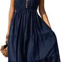 BROVAVE Womens 2025 Summer Sleeveless Shirt Dress Collar Striped V Neck Casual Midi Dresses (Blue, M)