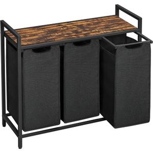 VASAGLE Laundry Hamper, Laundry Basket, Laundry Sorter with 3 Pull-Out and Removable Bags, Shelf, Metal Frame, 3 x 10.6 Gallons (40 L), 36.4 x 13 x 28.4 Inches, Ink Black and Rustic Brown UBLH301B01V1