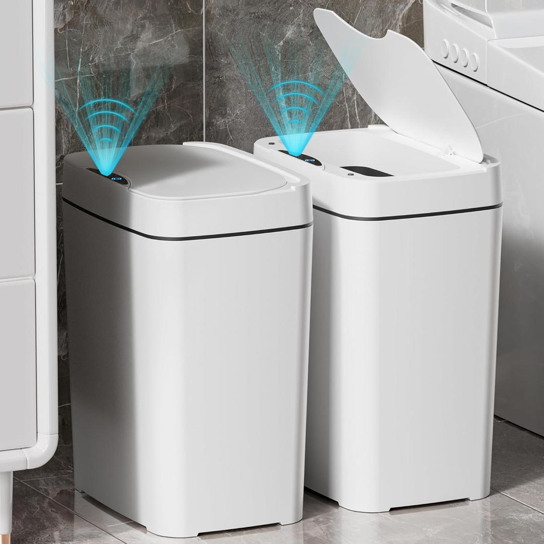 Vanpopubs 2 Pack 2.7 Gal Bathroom Trash Can with Lid, Automatic Trash Can Small Smart Garbage Can Touchless, Slim Motion Sensor Waterproof Plastic Trash Bins for Bedroom Office Kitchen Toilet (White)