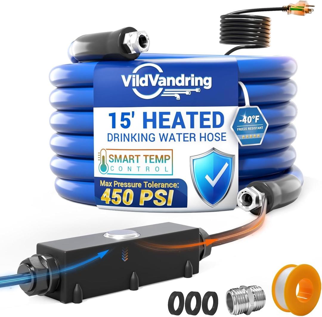 15ft Heated Water Hose for RV - Heated Drinking Water Hose with Energy-Saving Thermostat, Water Line Freeze Protection Down to -40°F/-40°C, Heated Garden Hoses with Adapter, Lead and BPA Free