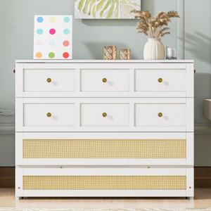 Merax Farmhouse Wood Murphy Bed Chest, Foldable Wall Platform Bed with Storage Drawer/Space Saving/Wood Slat Support/Full, White +Natural