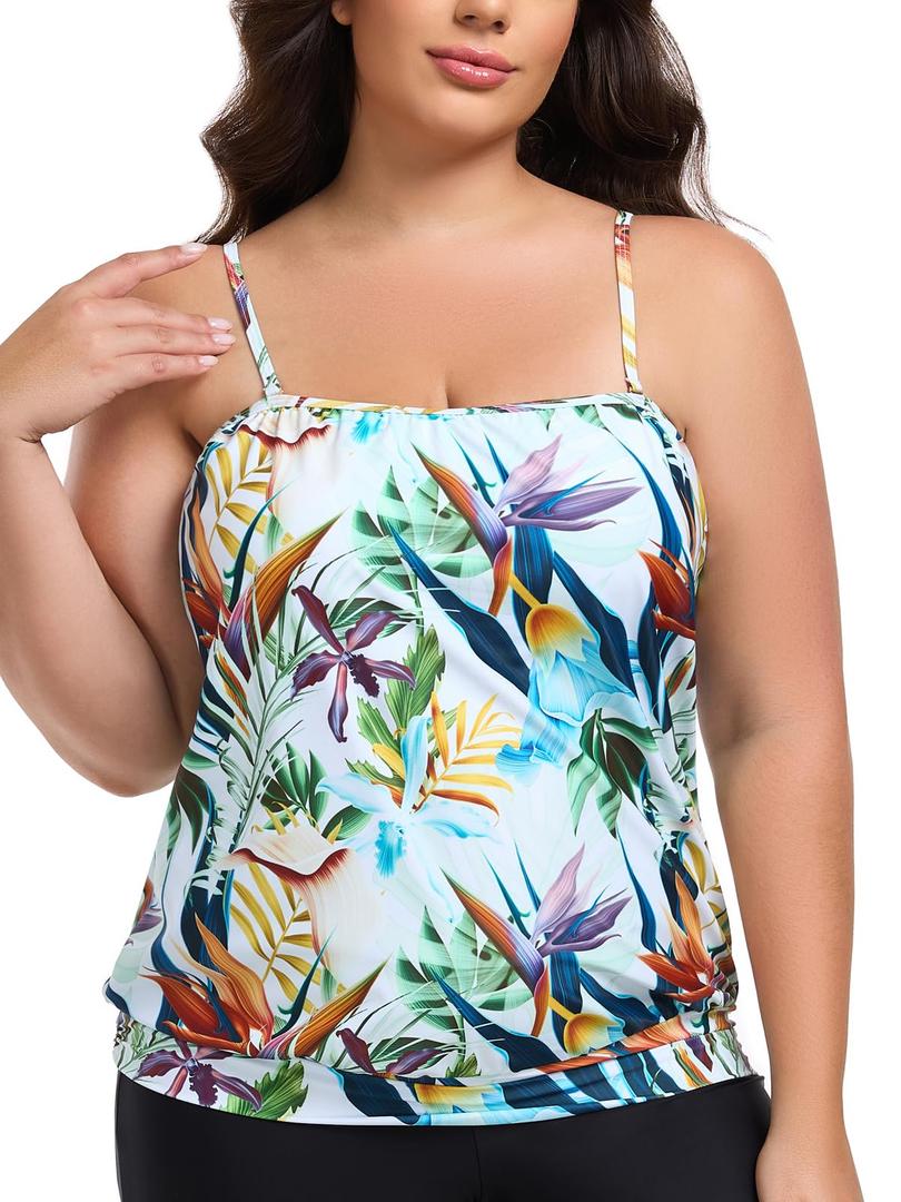 Ocean Blues Women's Black Plus Size Bandeau Tankini Top Strapless Blouson Tankini Bathing Suit Top Loose Fit Swimsuit Size Large