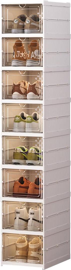 8 Tier Vertical Tall Narrow Shoe Rack, Corner Shoe Storage Organizer, Foldable Shoe Shelf for Closet Entryway, Free Standing Cabinet with Clear Door, Plastic Space Saving Shoe Stand, White