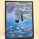Gwindrise Framed Wall Art Painting: Black Cat in Water Lily Pond, 12x16-Inch, Monet Wall Art Vintage Prints, Cute Home Decor (Blue)
