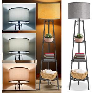 Floor Lamp with Shelves, Modern Standing Lamp with 3 Color Temperature LED Bulbs, Corner Floor Lamps for Living Room & Bedroom, Lamparas Elegantes para Sala (Gray Lampshade, 1)