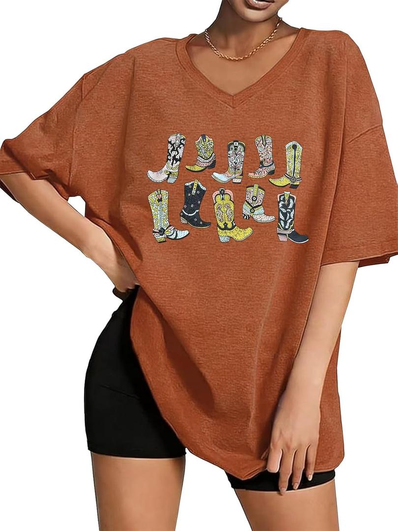 Women's Western Cowboy Shirts Vintage Rodeo Graphic Oversized Tops Country Music Tees Short Sleeve Cowgirl T-Shirt (Orange, L)