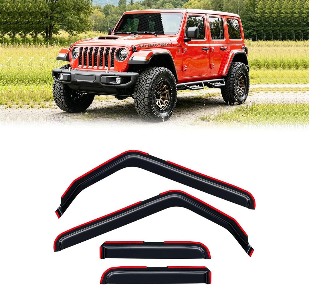 in-Channel Rain Guards for Jeep Wrangler JL 2018-2026/ Jeep Gladiator 2020-2026, Window Visor Shields Vent Deflector Shade Wind Dark Smoke 2019 2021 2022 2023 2024 2025, Tape-On Outside-Mount, 4PCS