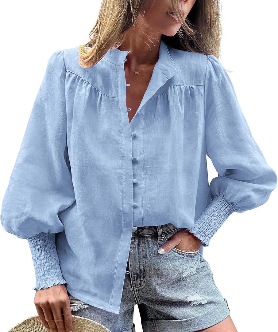 PRETTYGARDEN Womens Spring Long Sleeve Tops Dressy Casual Button Down Smocked Cuffed Office Business Work Blouses Shirts (Blue, M)