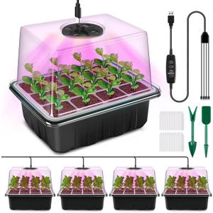 YAUNGEL Seed Starter Tray with Grow Light, 4 Pack Seed Starter Kit with Timing Controller Adjustable Brightness, Thicken Seedling Starter Trays with Humidity Domes Heightened Lids, Black