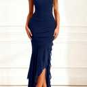 BTFBM Summer Dresses for Women 2026 Bodycon Ruched Sleeveless V Neck Solid Maxi Cocktail Wedding Guest Dress (Blue, XXL)