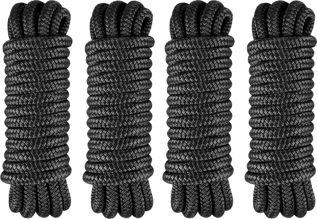 4 Pack 1/2" x 10' Boat Fender Lines - Marine Grade Nylon Boat Rope with 5" Loop for Tying Fenders and Docking Small Boats - Double Braided Dock Lines, Easy Handling, Fray Resistant - Black