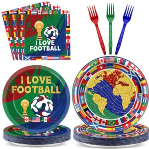 96Pcs 2026 World Soccer Tournament Cup Party Plates and Napkins Soccer Theme Decoration Football Sports Events Paper Disposable Plates Sport Tableware Set for International World Flags Favors 24 Guest