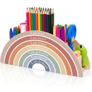 Back to School Boho Rainbow Pen Holder, 11.5" x 4.8" Desk Wooden Inspirational Positive Affirmations for Office Supplies Classroom Art Supply Makeup Brush Storage for Kids Present