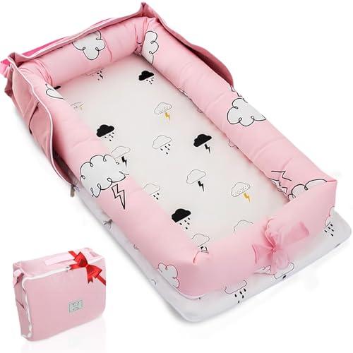 Baby Lounger for Newborn to Toddler 0-24 Months - Portable Infant Lounger with Breathable Cotton, Adjustable Size & Lengthen Space Travel Strap for Home, Outdoor (3. Cloud)