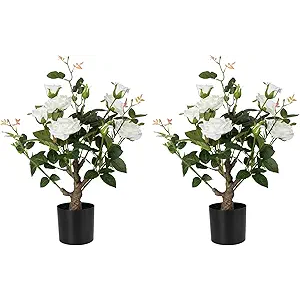 24’’ Artificial Rose Tree, 2 Pack Faux Rose Plants with White Flowers and Green Leaves, 2FT Silk Potted Tree for Indoor Outdoor Home Office Porch Garden Decor, White