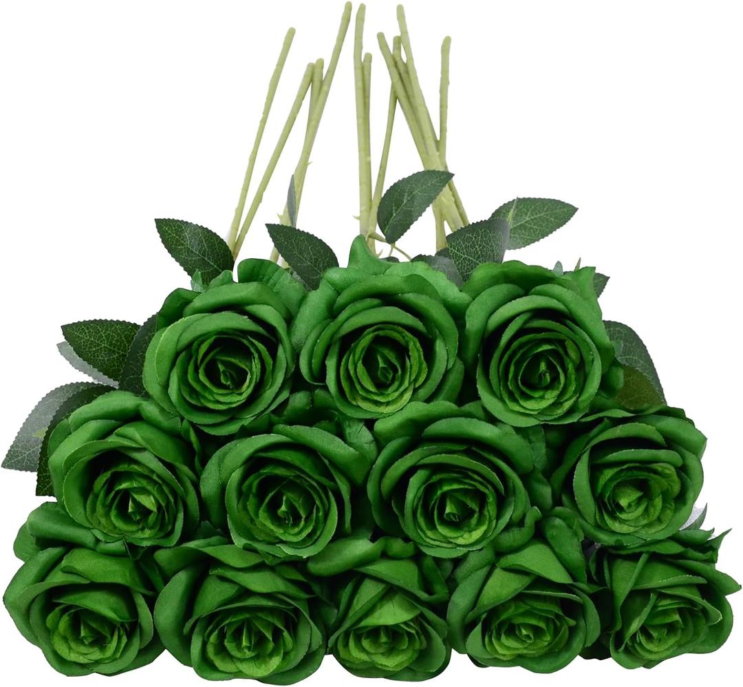 12pcs Rose Artificial Flowers, Fake Rose Silk Flower Bouquet, Faux Roses with Stems - 50cm, Roses Decor for Wedding & Home Decoration (Dark Green)