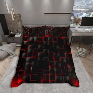 Manfei Geometric Grid Duvet Cover Set Twin Size, Red and Black Checkered Bedding Cover, Men Women Room Decor, Modern Abstract Check Plaid Square Bed Sets for All Season, 1 Pillowcase, No Comforter (Multi 07)