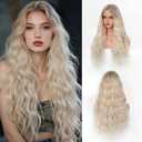 Ombre Ash Blonde Long Wavy Wig for Women 28 Inch Natural Wavy Middle Part Curly Wig Heat Resistant Fiber Synthetic Wig for Party Halloween Cosplay Dialy Use wig