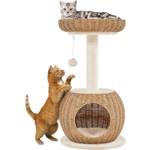 Yaheetech Cat Tree, 29.5in Rattan Cat Tower for Indoor Cats w/Scratching Post, Woven Cat Condo and Soft Cushion Top Perch, Aesthetic Cat Tree for Kittens