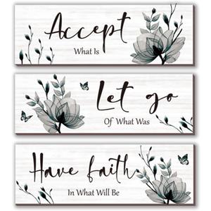 3 Pcs Black And White Bathroom Decor Rustic Flower Black Wall Art Accept Let Go Have Faith Farmhouse Bedroom Wall Decor Wooden Inspirational Quotes Grey Decoration for Living Room(Black,12 x 4 Inches)