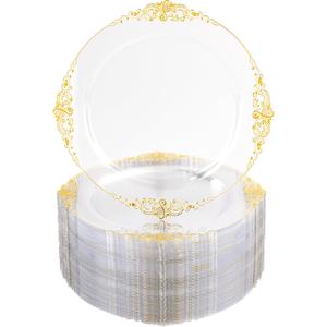 Nervure 100PCS Clear and Gold Plastic Plates - 7.5inch Clear Disposable Plates - Heavyweight Gold Plastic Plate - Dessert Plate for Wedding & Party