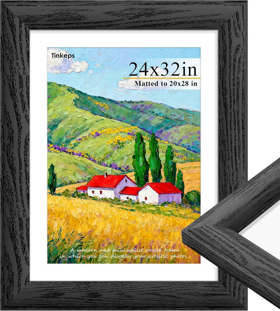 24x32 Poster frame Black, 1.57 Inch Wide Wood Grain Texture, Display Pictures 20x28 with Mat,24 x 32 Picture frame with Black Backing Horizontal or Vertical Wall