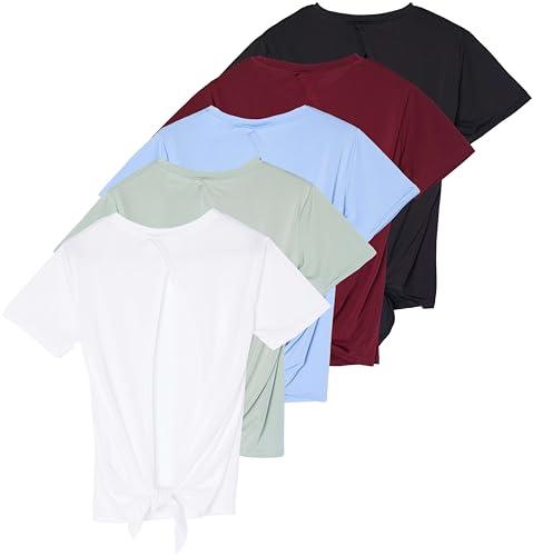 Real Essentials 5 Pack: Women's Short Sleeve Open Back Tie Back Dry-Fit T-Shirt Yoga Gym Workout Top.L Real Essentials 5 Pack: Women's Short Sleeve Open Back Tie Back Dry-Fit T-Shirt Yoga Gym Workout Top.L